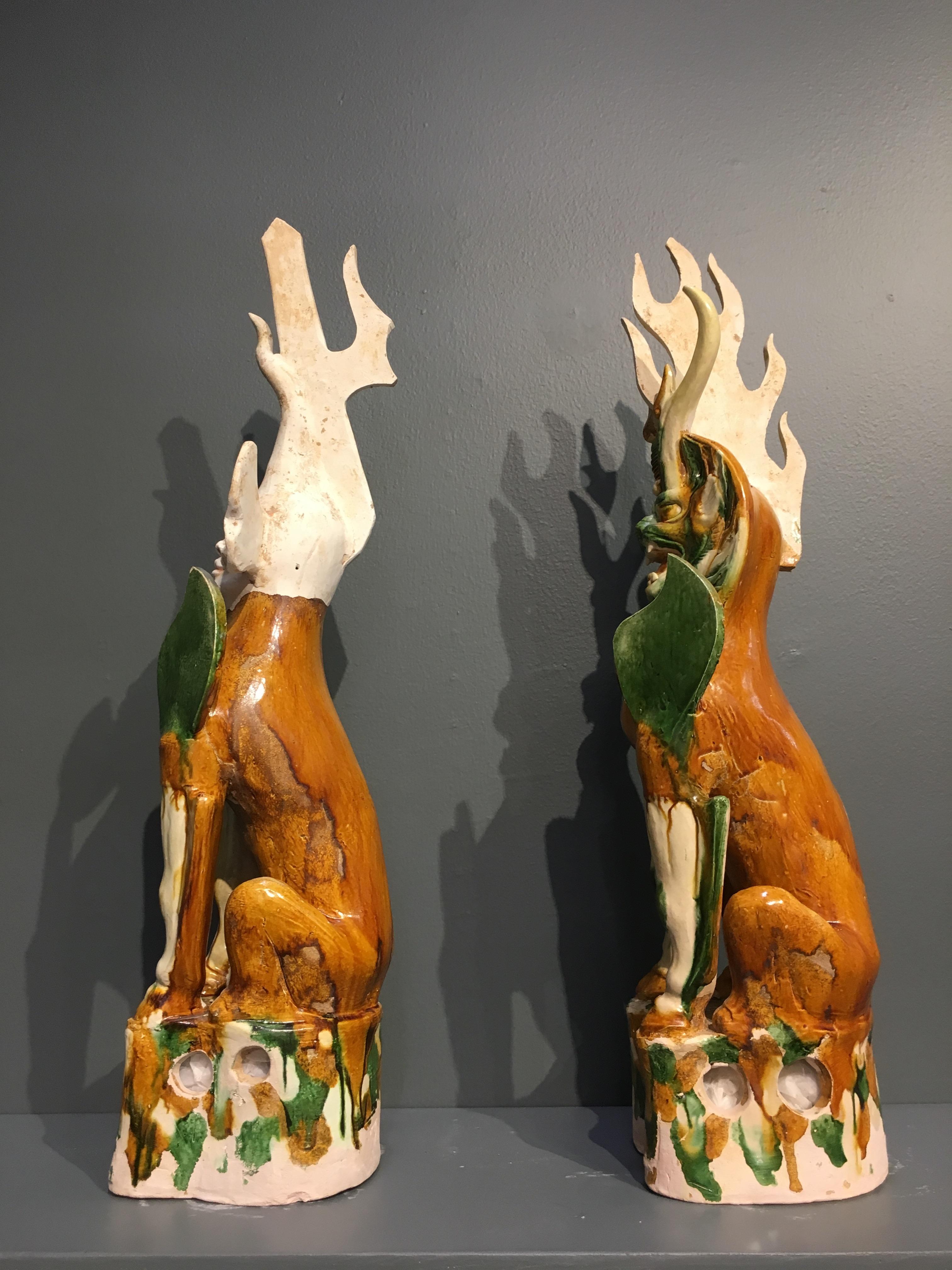 Chinese Pair of Tang Dynasty Sancai Glazed Tomb Guardians, Zhenmushou, 7th-8th Century For Sale