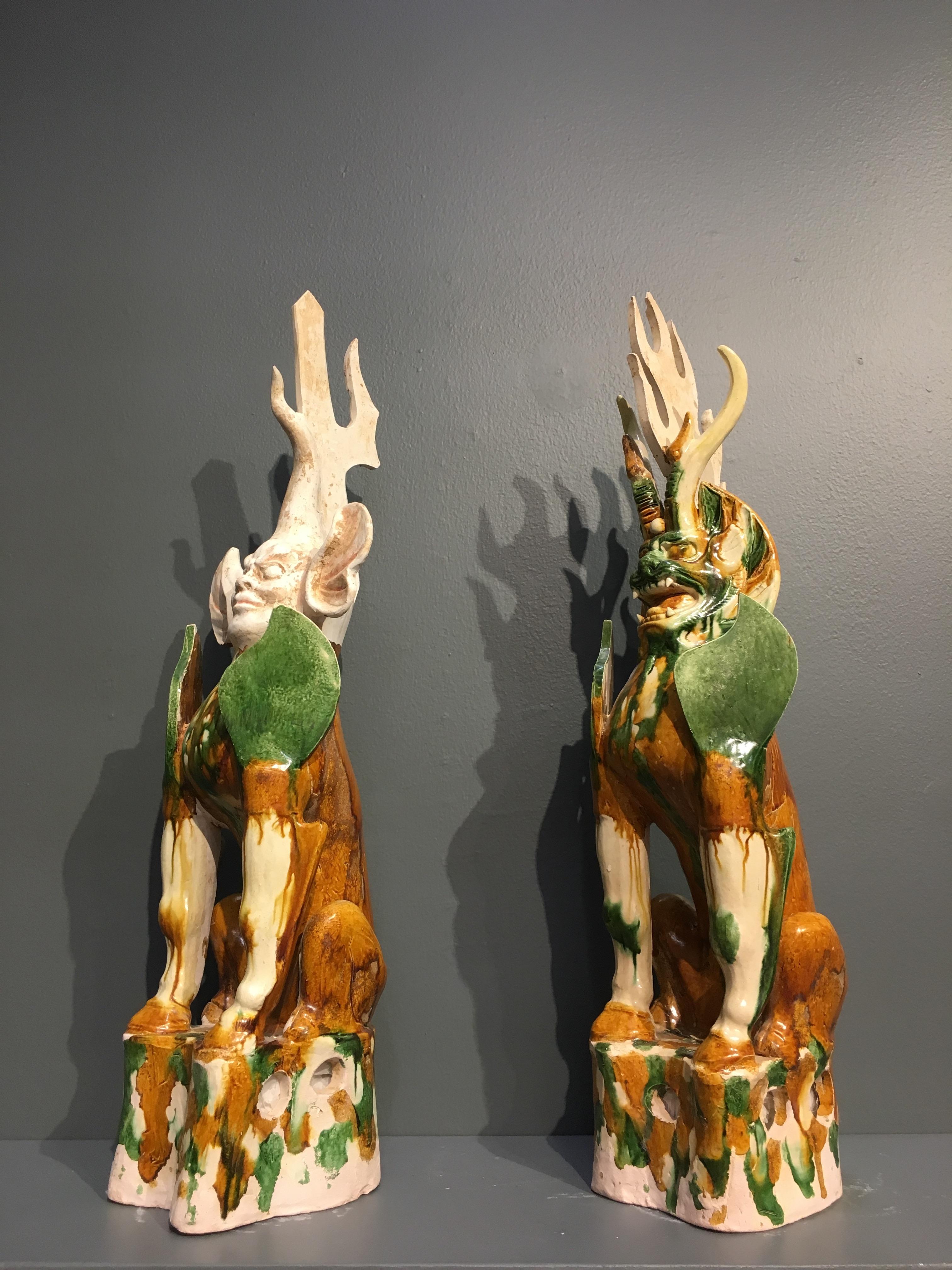 Pair of Tang Dynasty Sancai Glazed Tomb Guardians, Zhenmushou, 7th-8th Century In Good Condition For Sale In Austin, TX