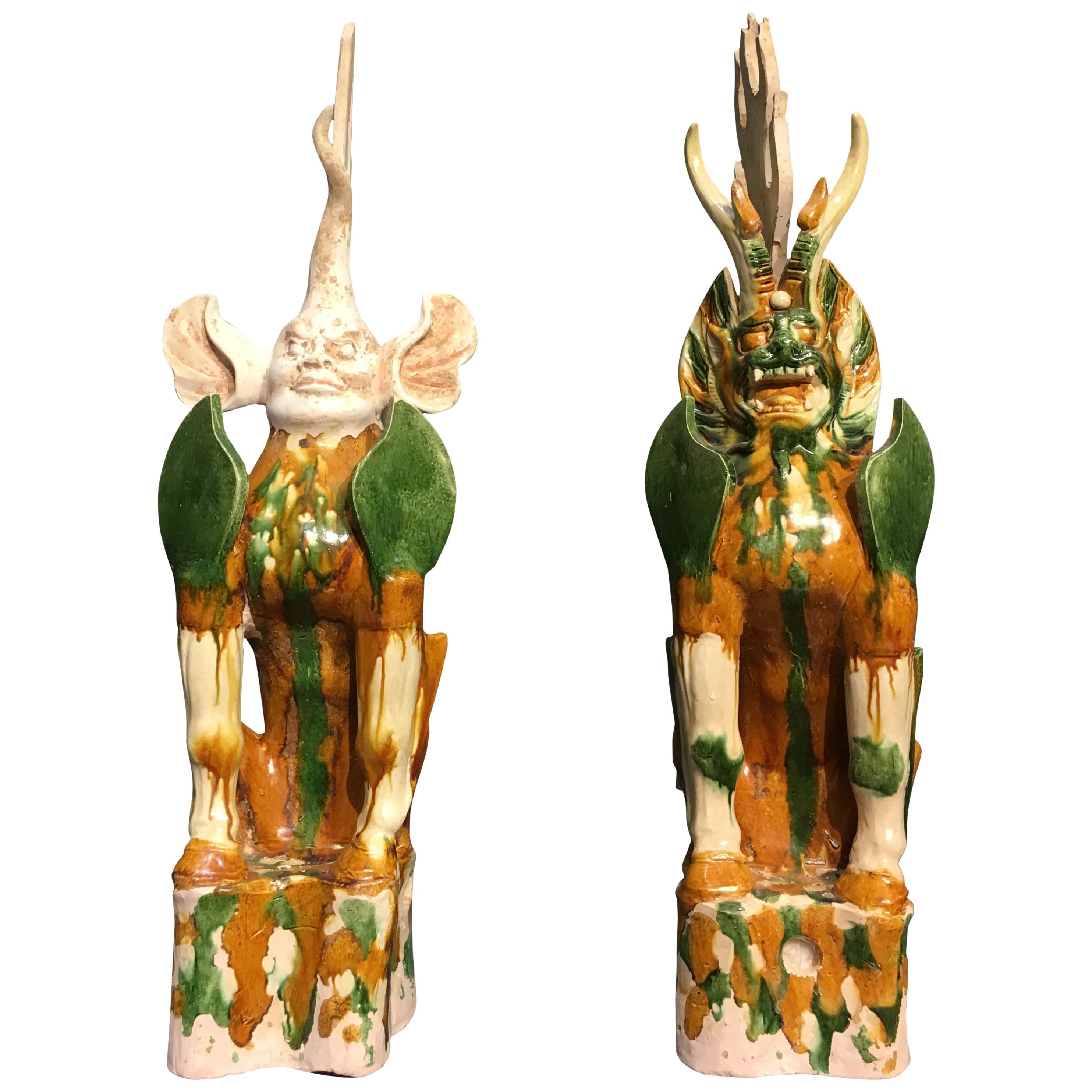 Pair of Tang Dynasty Sancai Glazed Tomb Guardians, Zhenmushou, 7th-8th Century