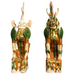 Pair of Tang Dynasty Sancai Glazed Tomb Guardians, Zhenmushou, 7th-8th Century