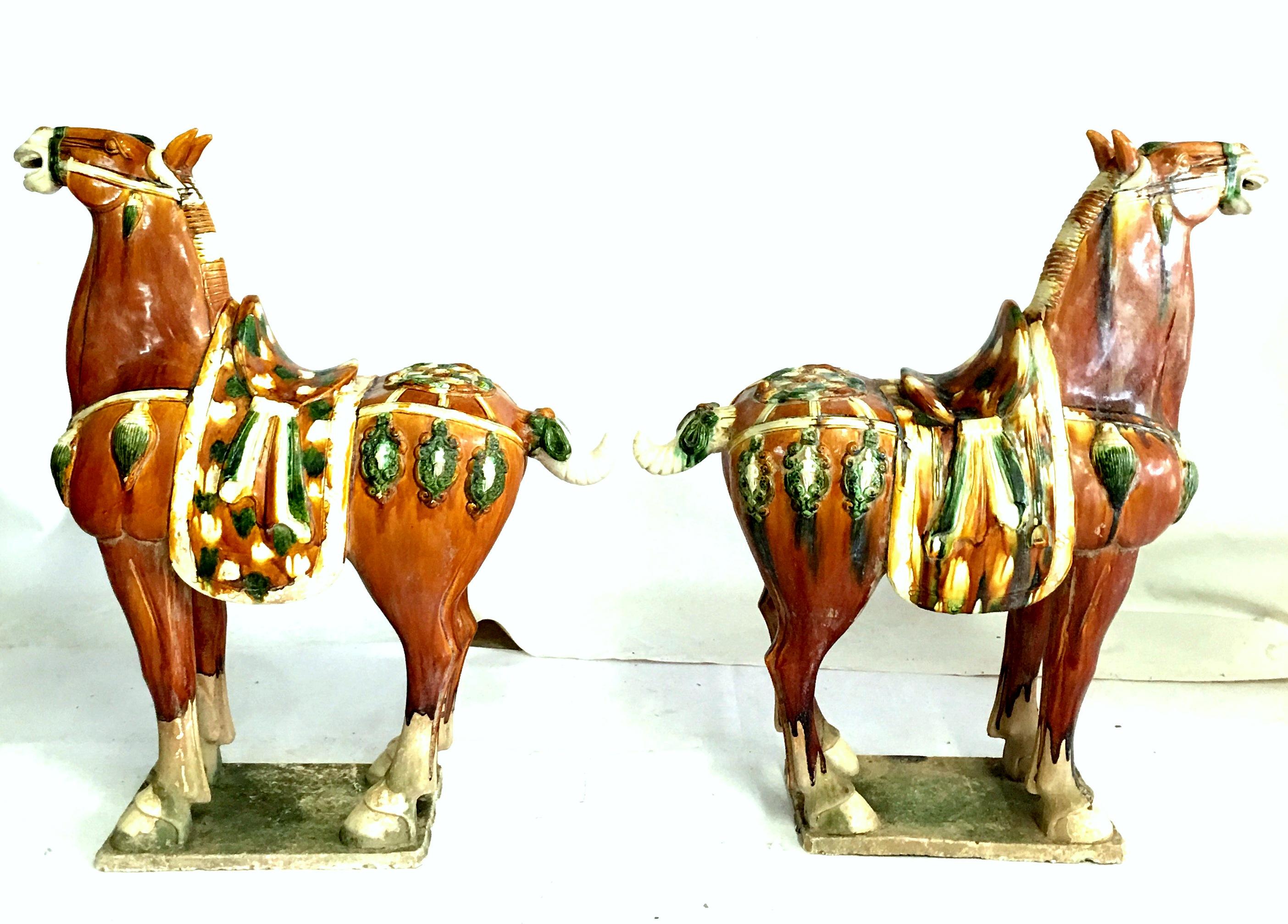 Chinese Export Mid-20th Century Pair of Tang Style Large Sancai Glazed Teracotta Horses For Sale