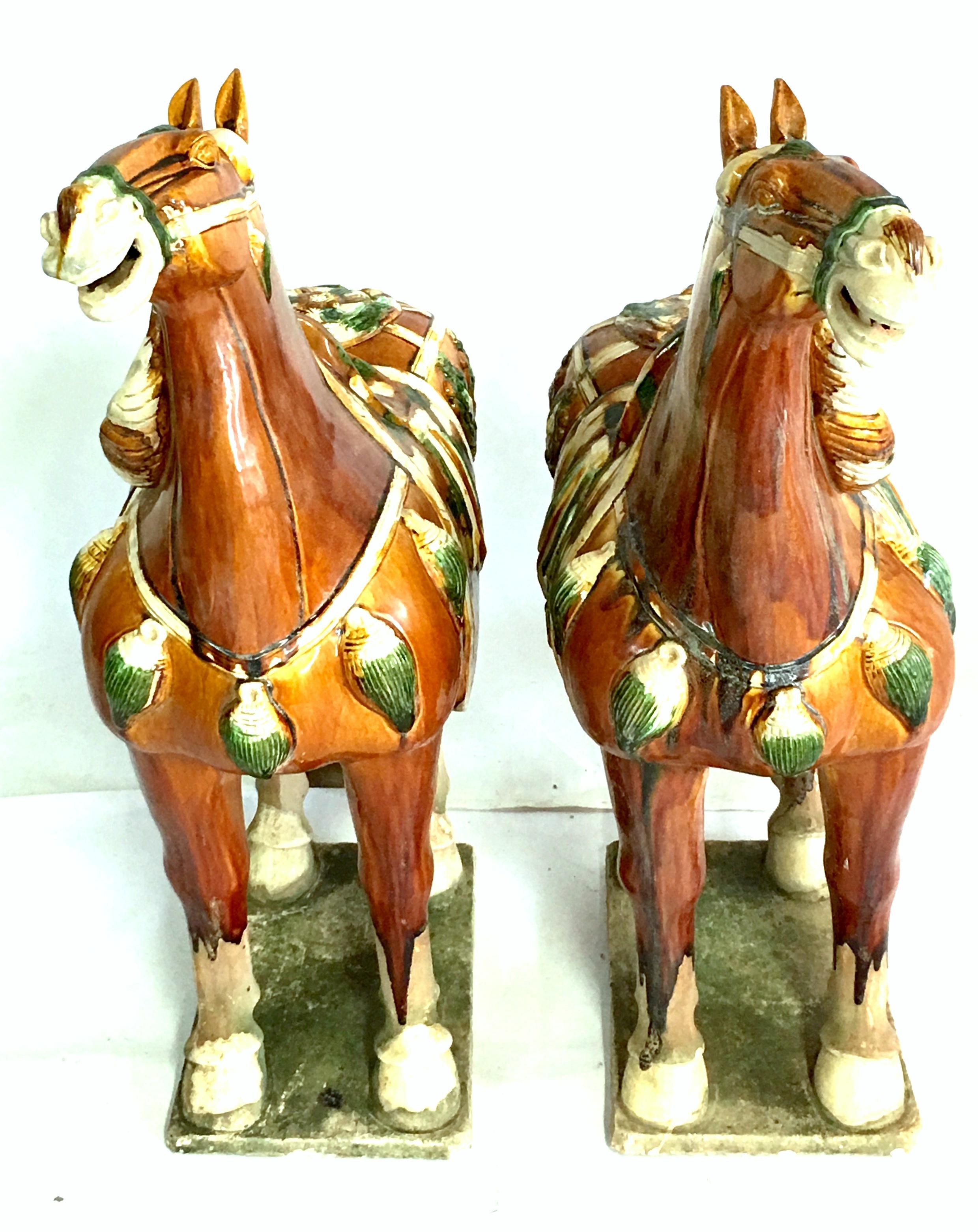 Chinese Mid-20th Century Pair of Tang Style Large Sancai Glazed Teracotta Horses For Sale