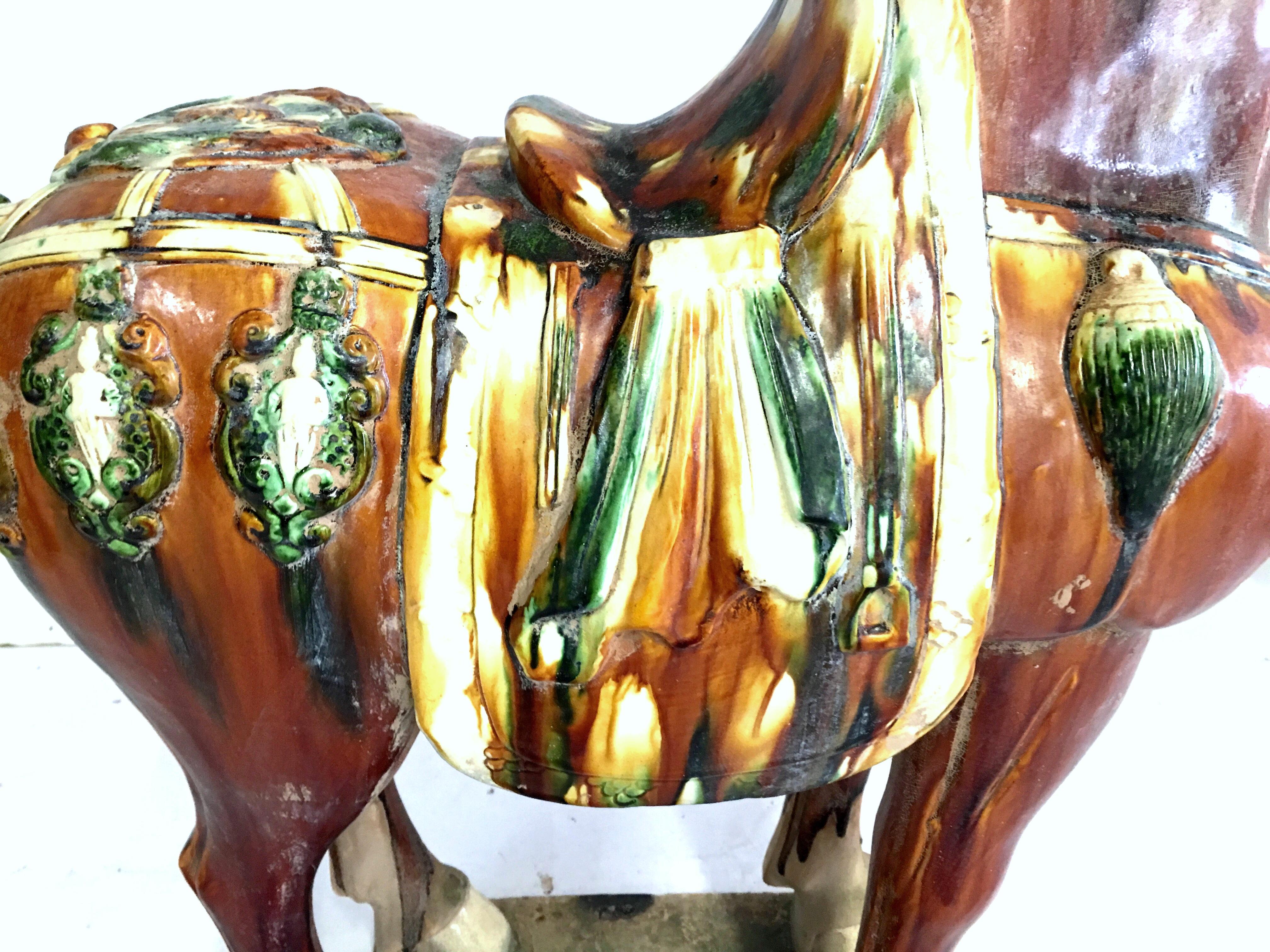 Hand-Painted Mid-20th Century Pair of Tang Style Large Sancai Glazed Teracotta Horses For Sale