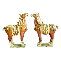 Mid-20th Century Pair of Tang Style Large Sancai Glazed Teracotta Horses