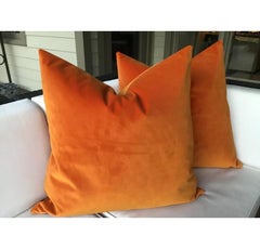 Pair of Tangerine Orange Velvet Plush Down Filled Pillows, 21”