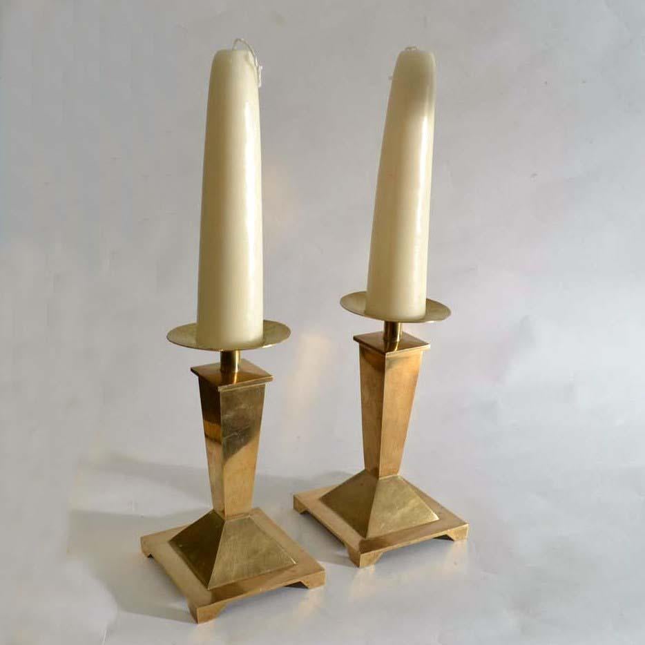 The 1950s angular pillar-shape candle holders are square at the base and handcrafted in brass. They are supplied with hand dipped beeswax candles made in Holland.
Measures: Height with candles; 50 cm
Height without candles; 26 cm
Width handmade