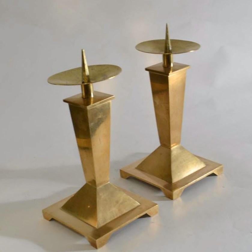 Mid-Century Modern Pair of Square Brass 1950's Candleholders