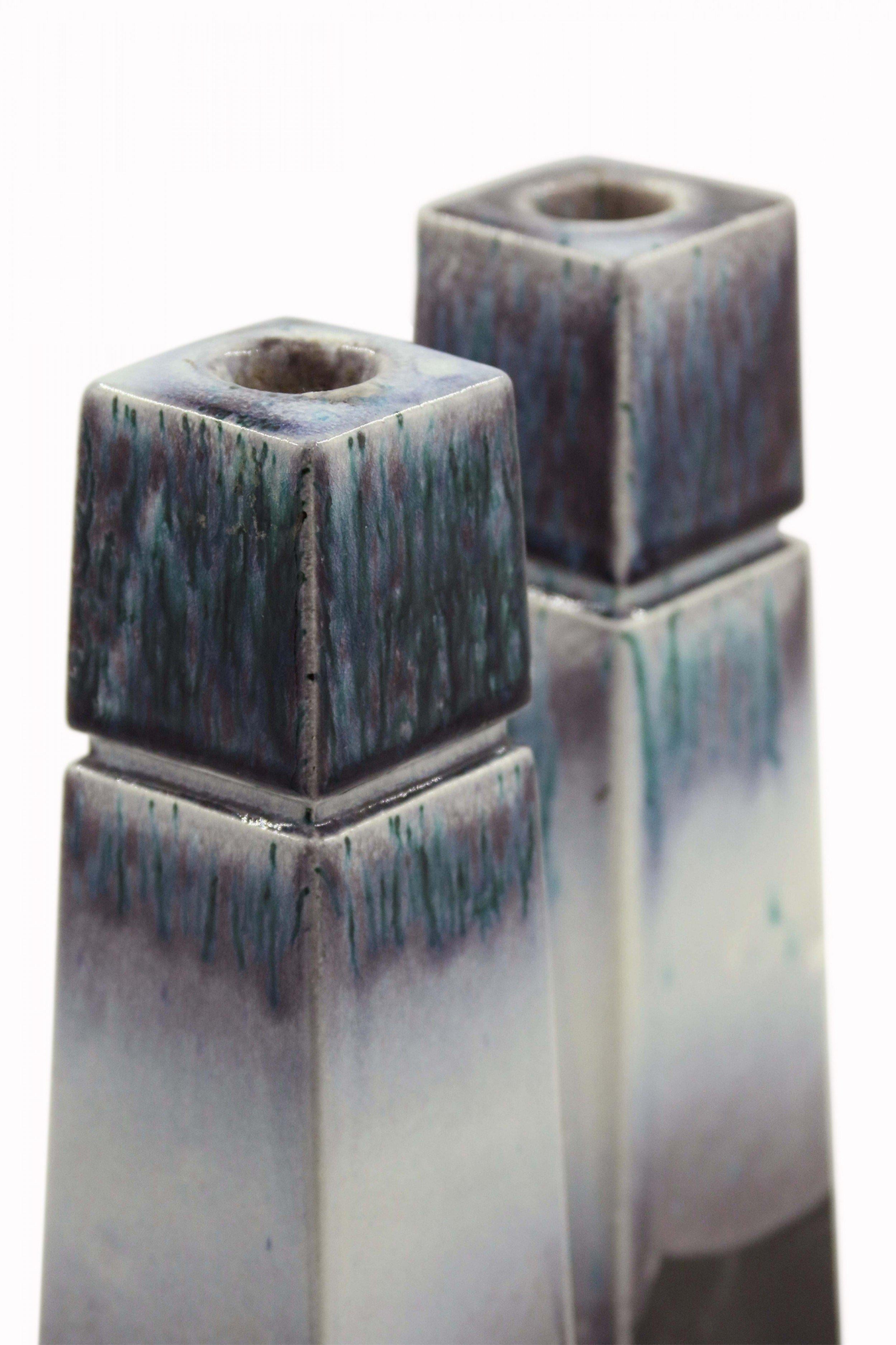 Modern Pair of Tapered Square White, Green, and Purple Variegated Ceramic and Lucite For Sale