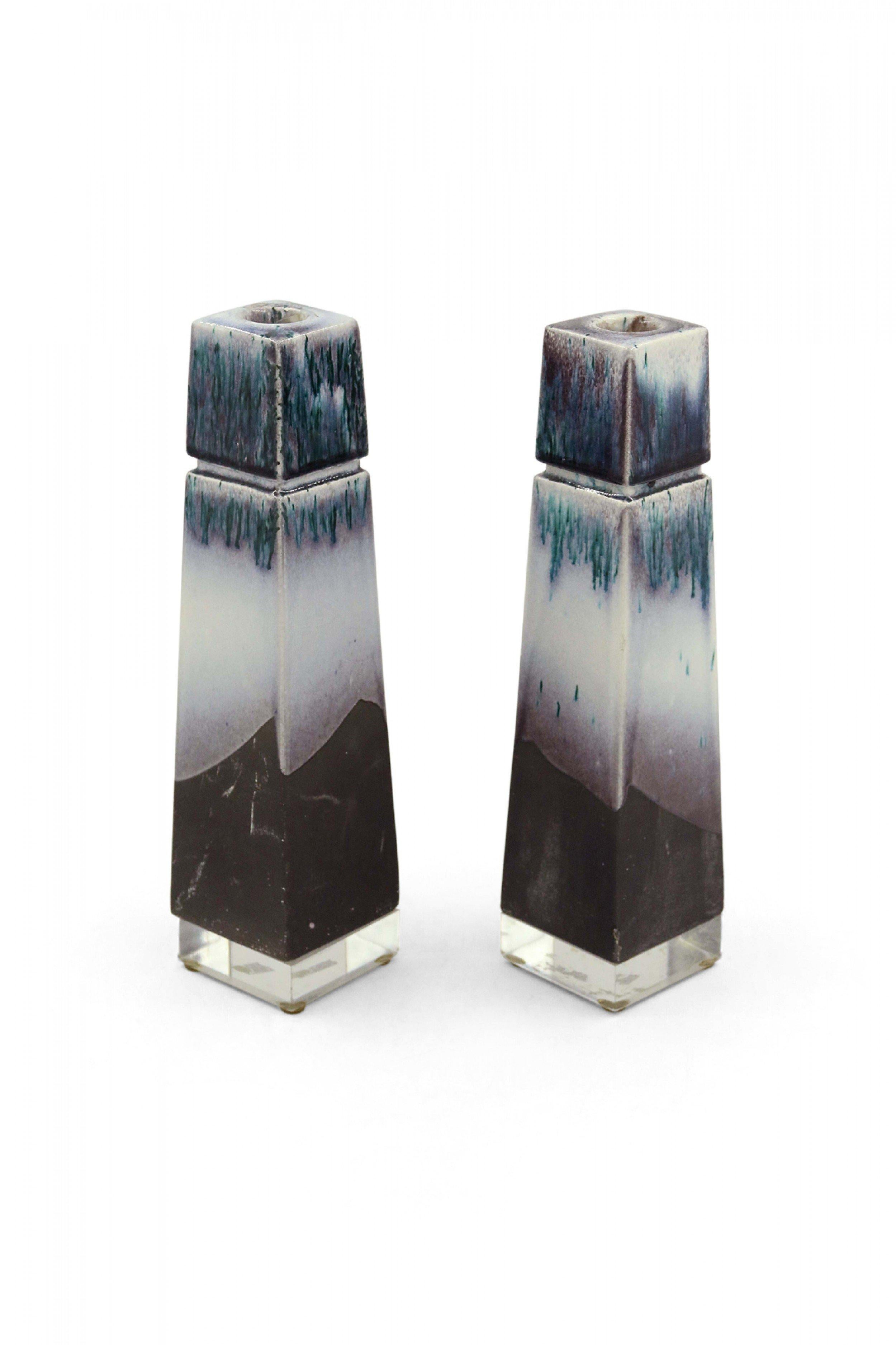 American Pair of Tapered Square White, Green, and Purple Variegated Ceramic and Lucite For Sale