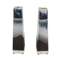 Pair of Tapered Square White, Green, and Purple Variegated Ceramic and Lucite