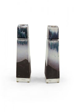 Pair of Tapered Square White, Green Variegated Ceramic and Lucite Candle Holders