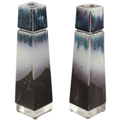 Pair of Tapered Square White, Green Variegated Ceramic and Lucite Candle Holders Pair of Tapered Square White, Green Variegated Ceramic and Lucite Candle Holders