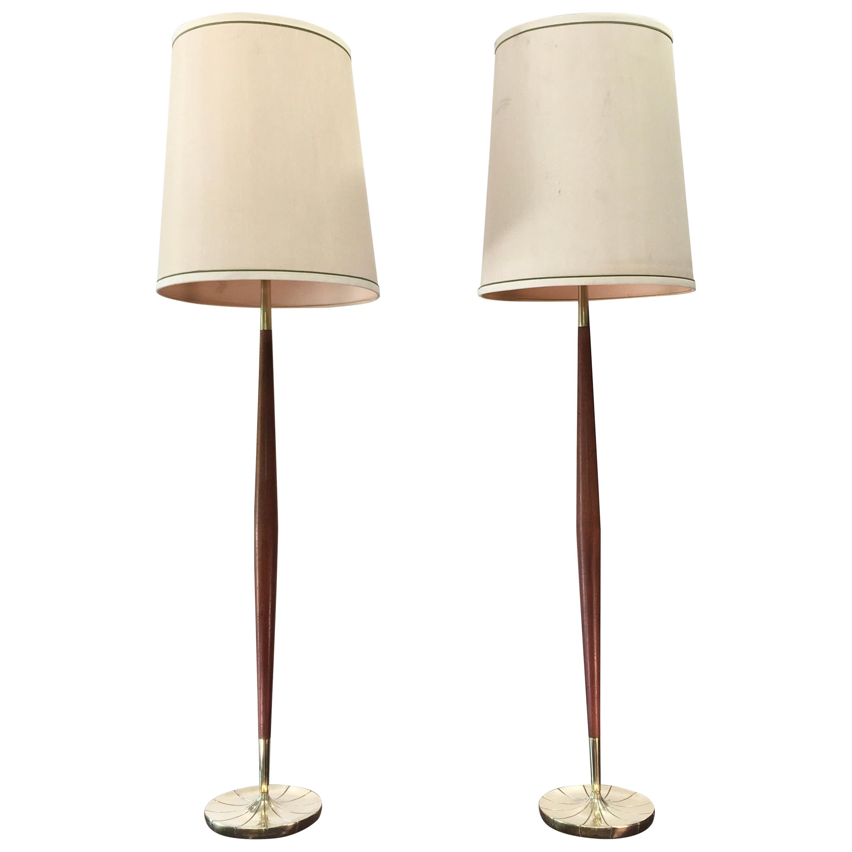 Tapered Walnut And Brass Floor Lamps, Stiffel Burnished Brass Double Pull Chain Table Lamp