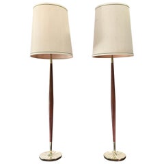 Pair of Tapered Walnut and Brass Floor Lamps by Stiffel