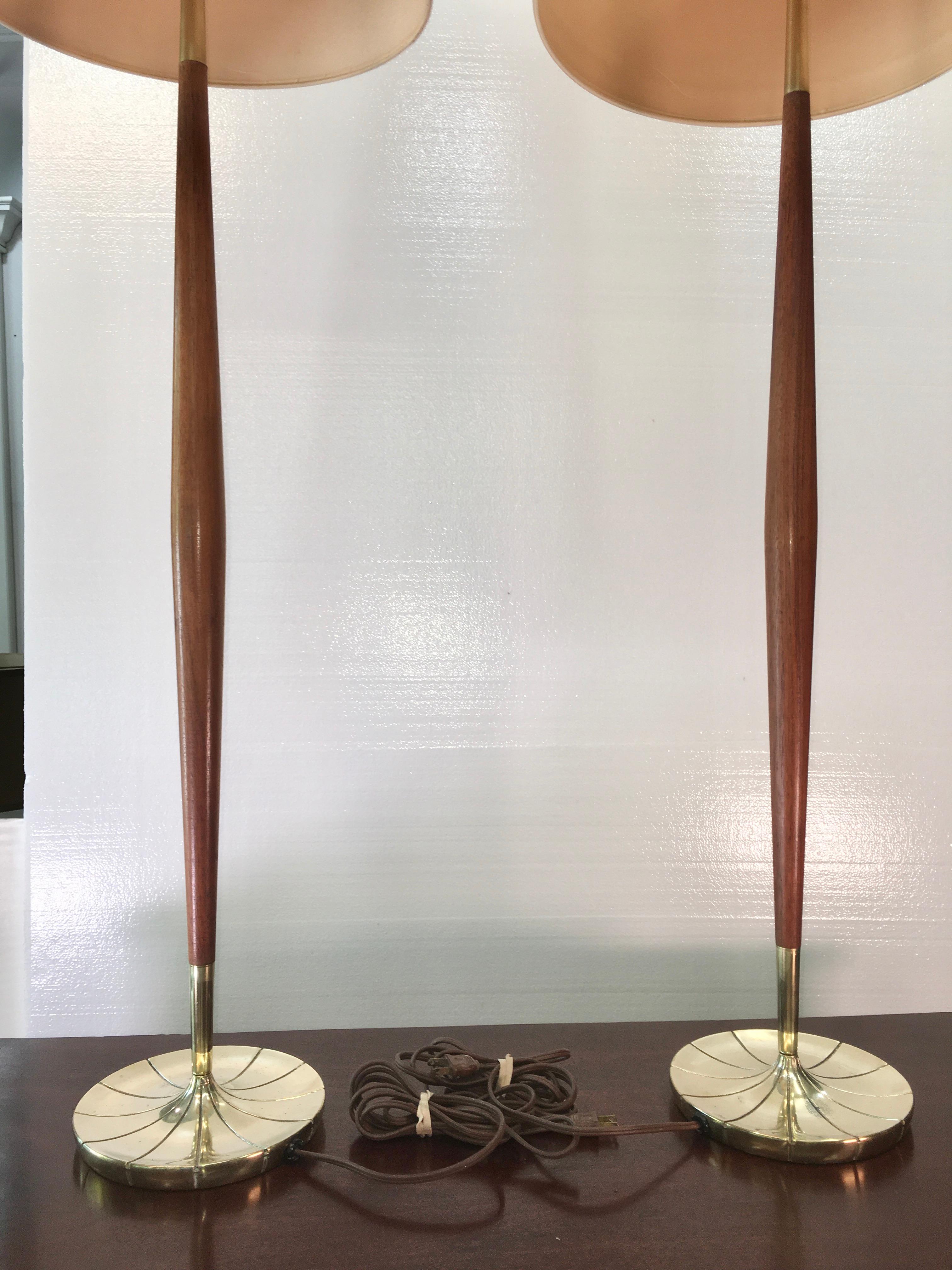 Pair of Tapered Walnut and Brass Floor Lamps by Stiffel 6