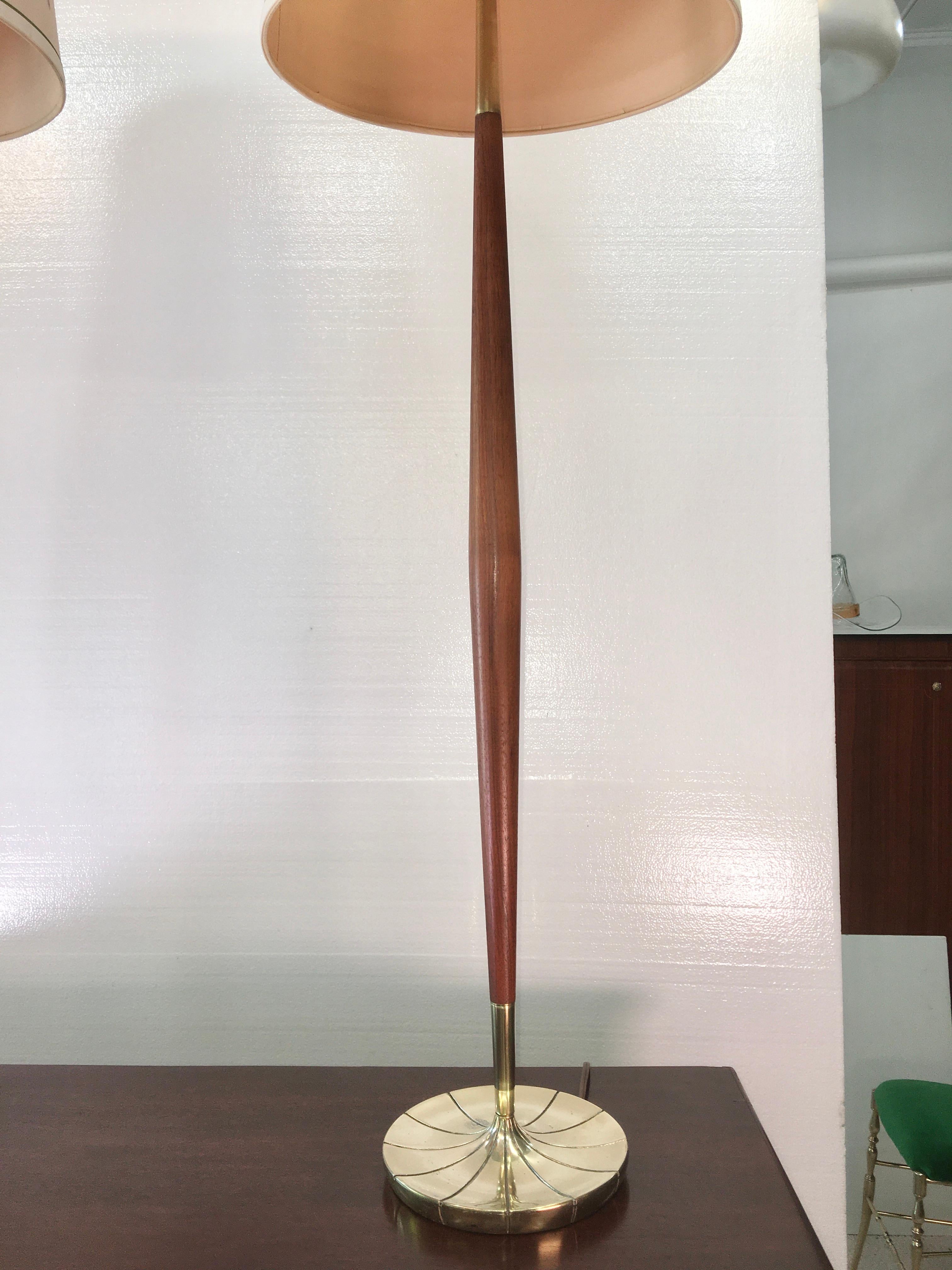 Pair of Tapered Walnut and Brass Floor Lamps by Stiffel In Good Condition In Hanover, MA
