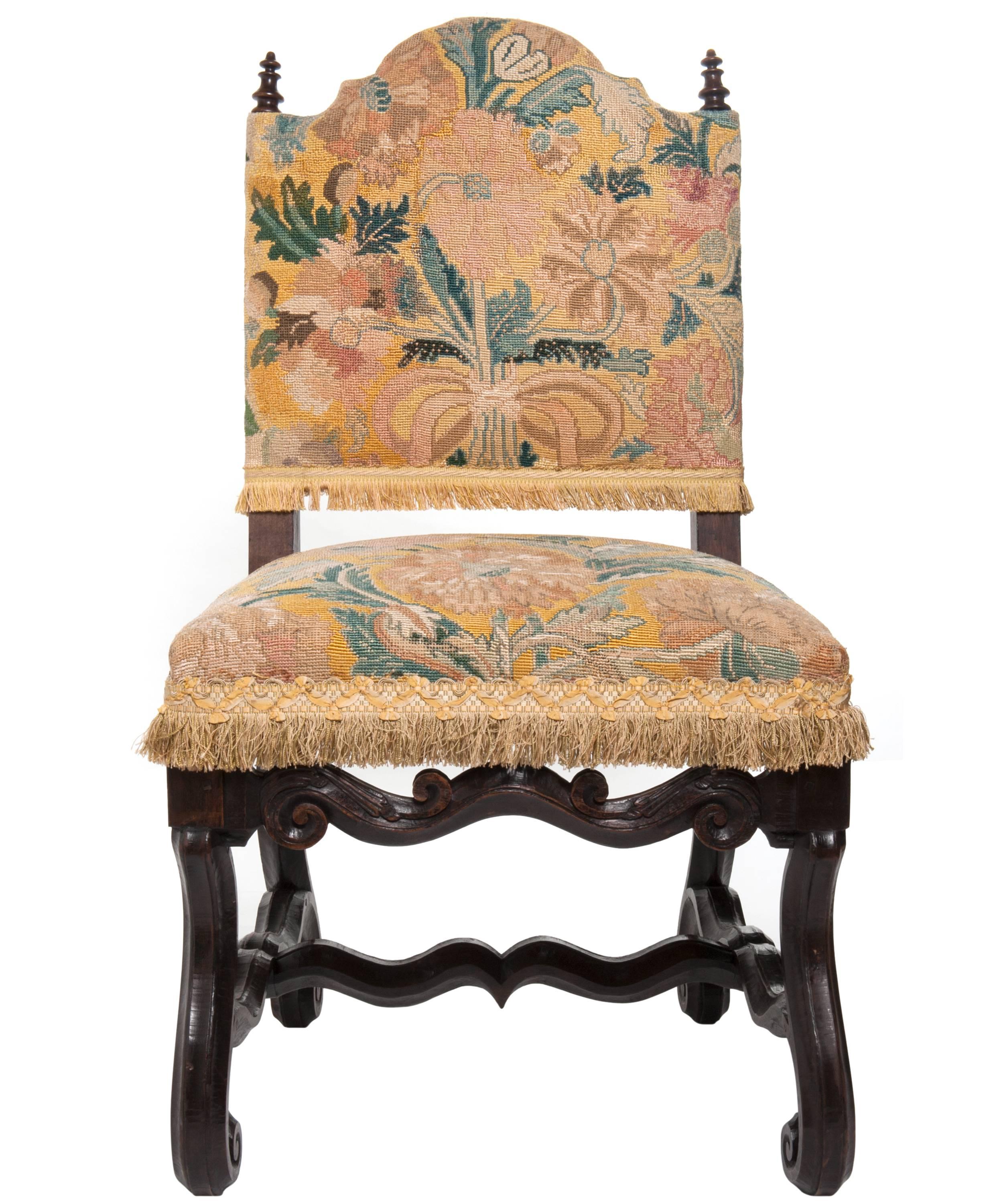 Carved Pair of Tapestry Upholstered Chestnut Louis XIV Chairs For Sale
