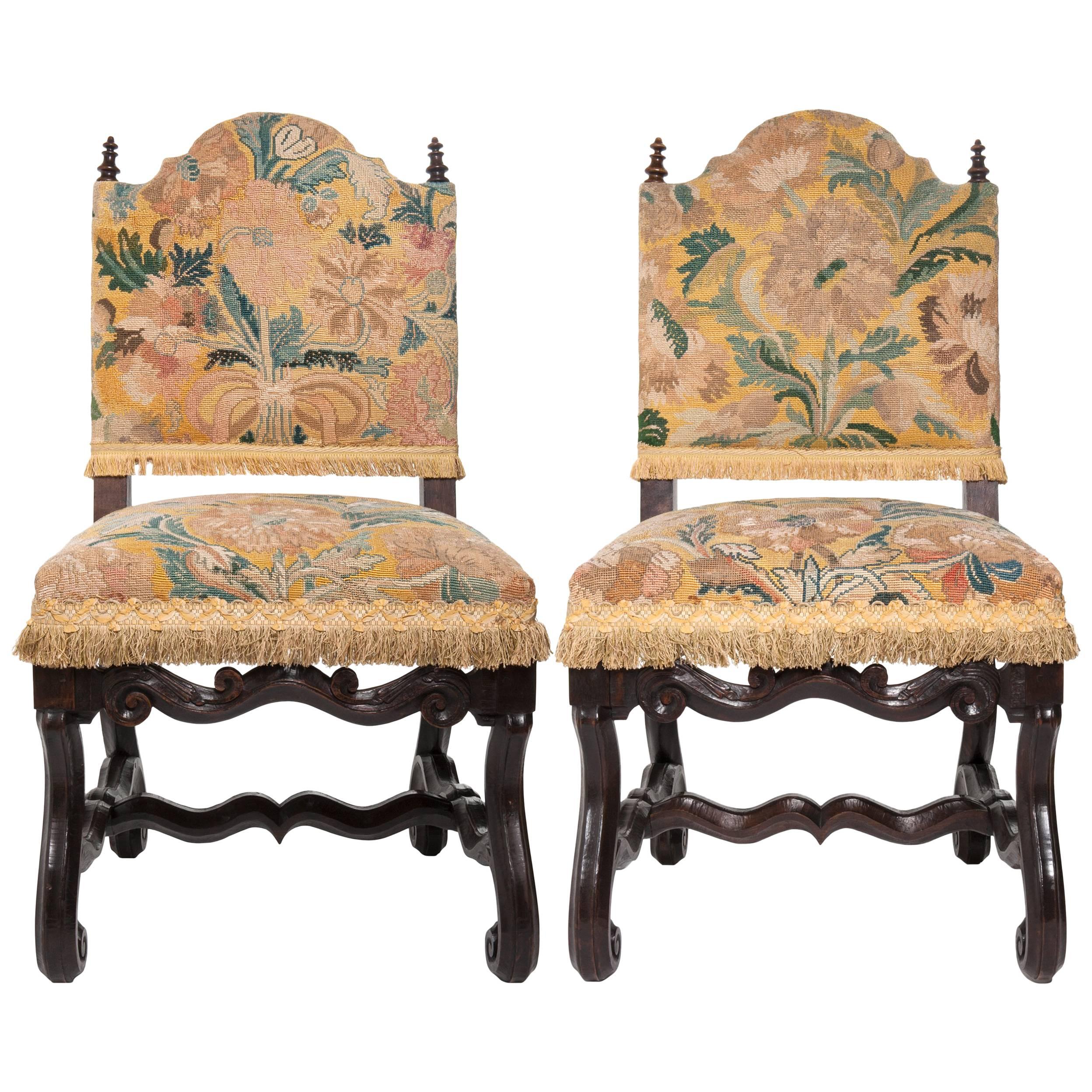 Pair of Tapestry Upholstered Chestnut Louis XIV Chairs For Sale