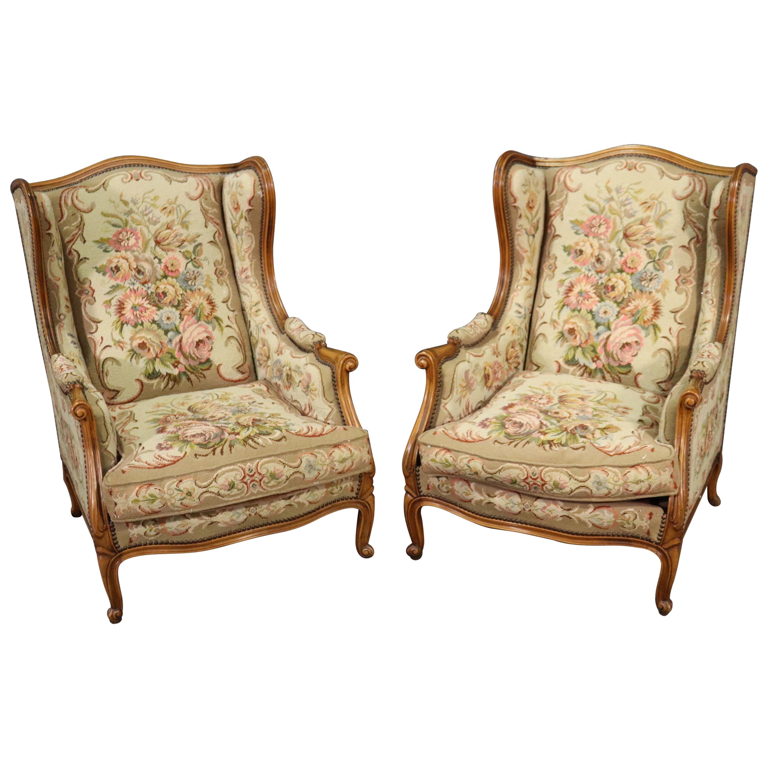 Pair of Tapestry Upholstered French Louis XV Walnut Wingchairs Bergère Chairs