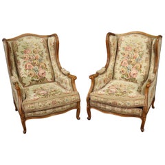 Vintage Pair of Tapestry Upholstered French Louis XV Walnut Wingchairs Bergère Chairs