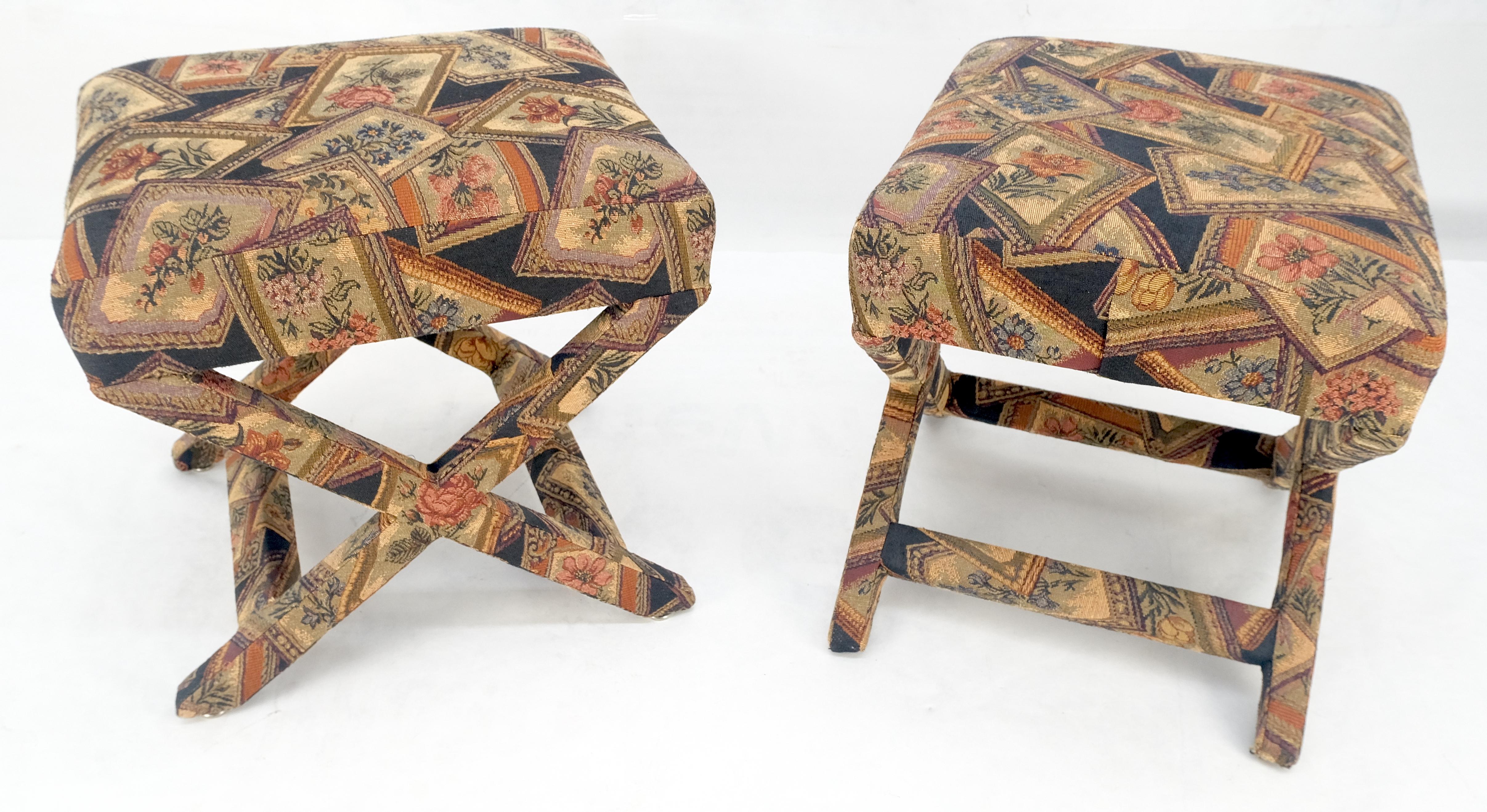 Pair of Tapestry Upholstery X Bases Benches Billy Baldwin atr. c1970s MINT! For Sale 6
