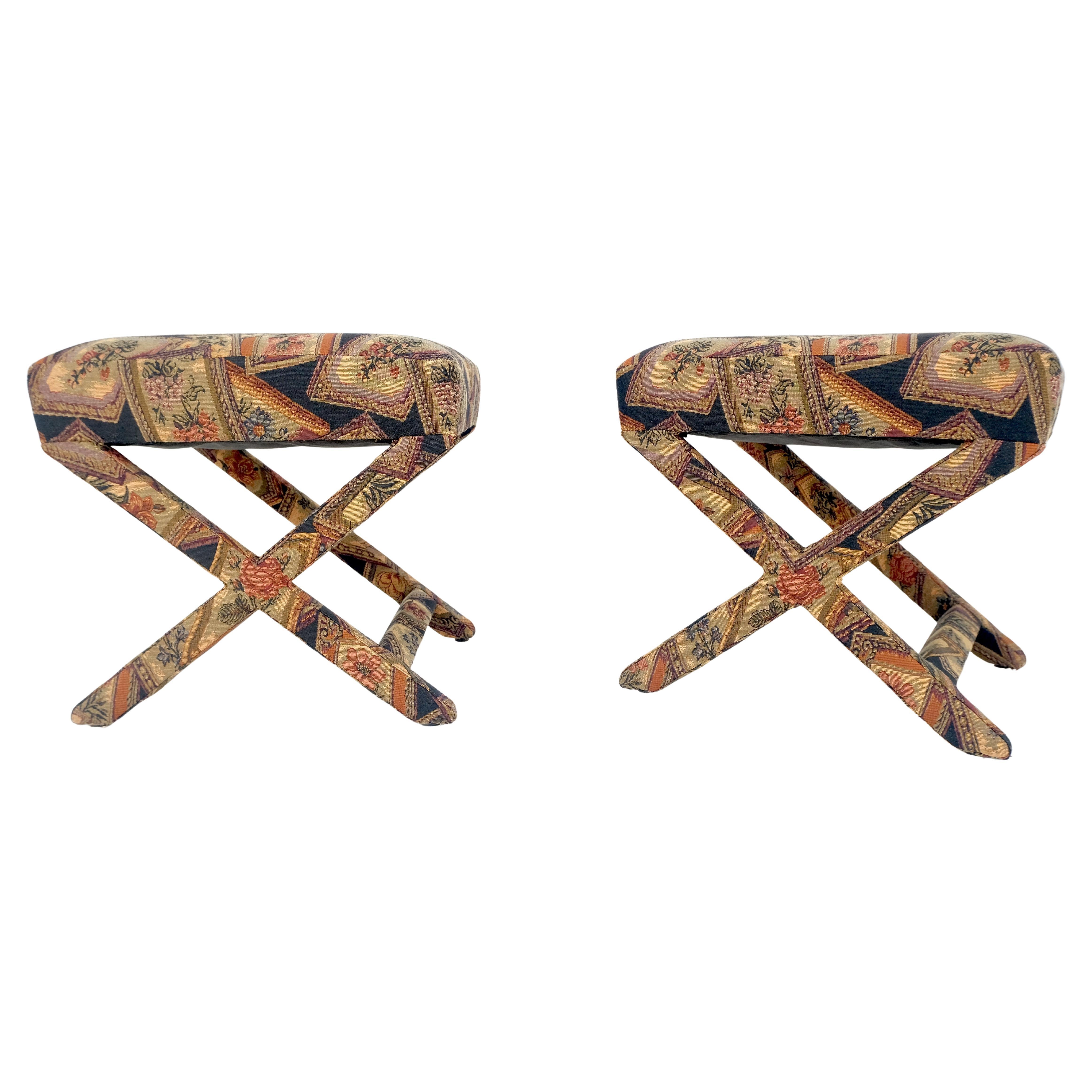 Mid-Century Modern Pair of Tapestry Upholstery X Bases Benches Billy Baldwin atr. c1970s MINT! For Sale
