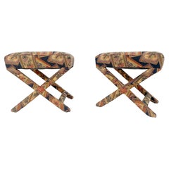 Pair of Tapestry Upholstery X Bases Benches Billy Baldwin atr. c1970s MINT!