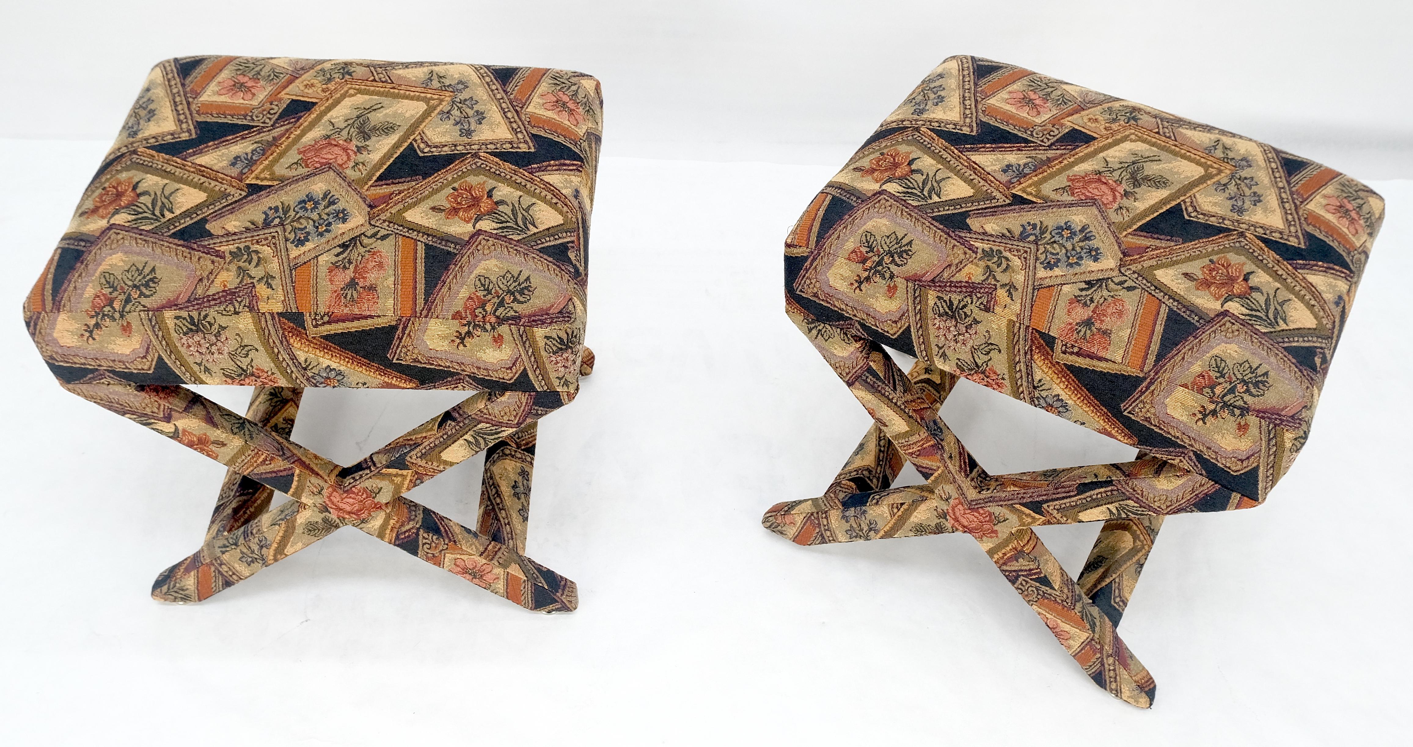 American Pair of Tapestry Upholstery X Bases Benches Billy Baldwin atr. c1970s MINT! For Sale