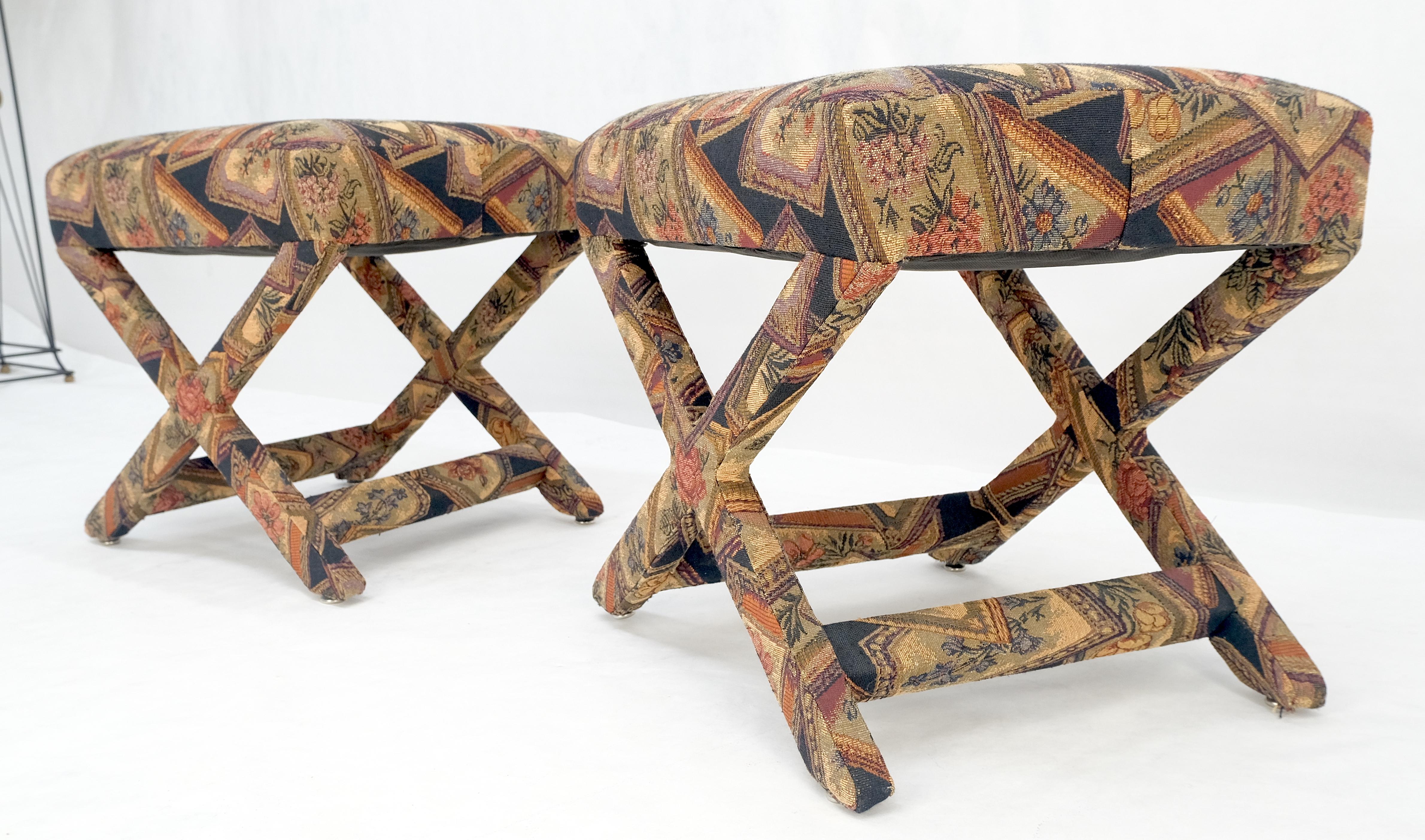 20th Century Pair of Tapestry Upholstery X Bases Benches Billy Baldwin atr. c1970s MINT! For Sale