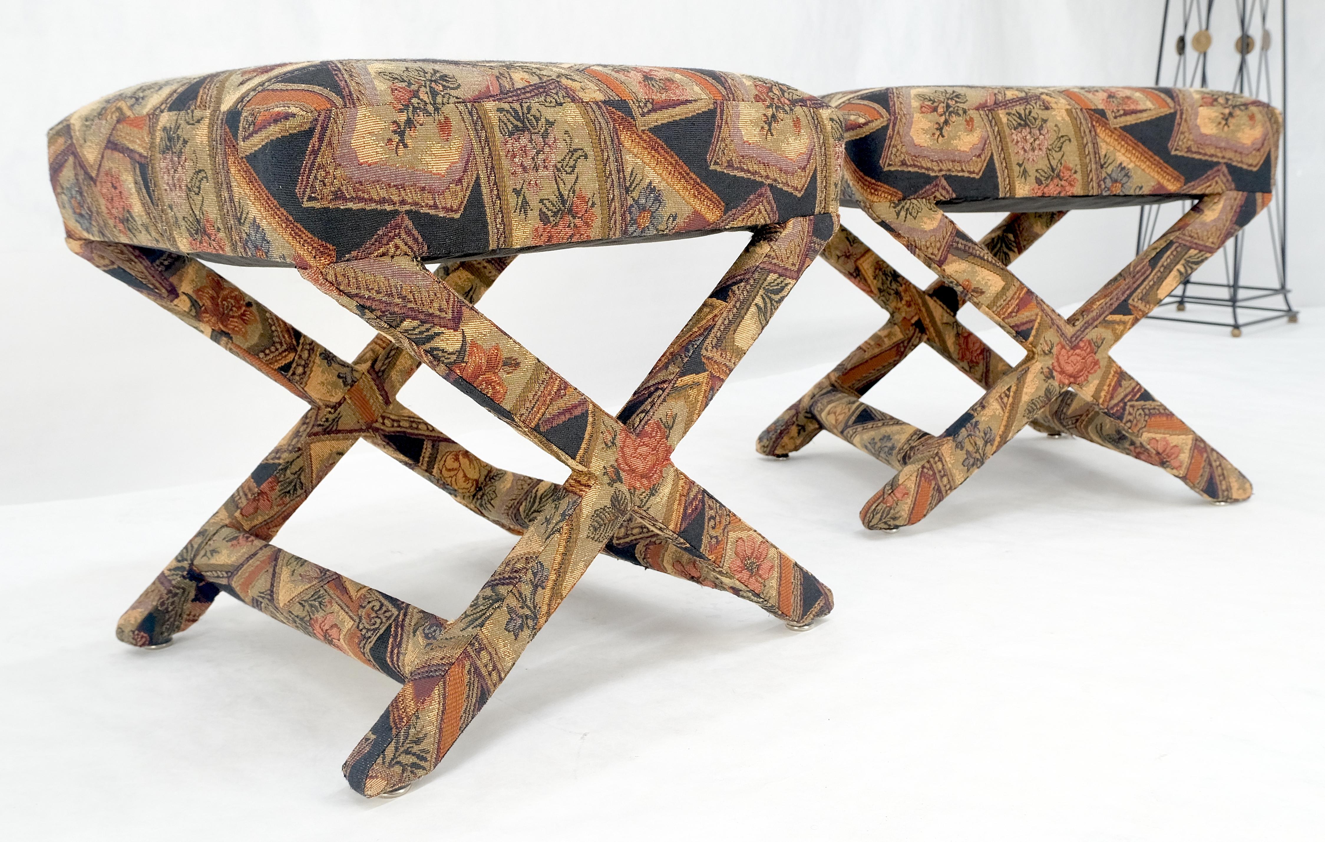 Pair of Tapestry Upholstery X Bases Benches Billy Baldwin atr. c1970s MINT! For Sale 2