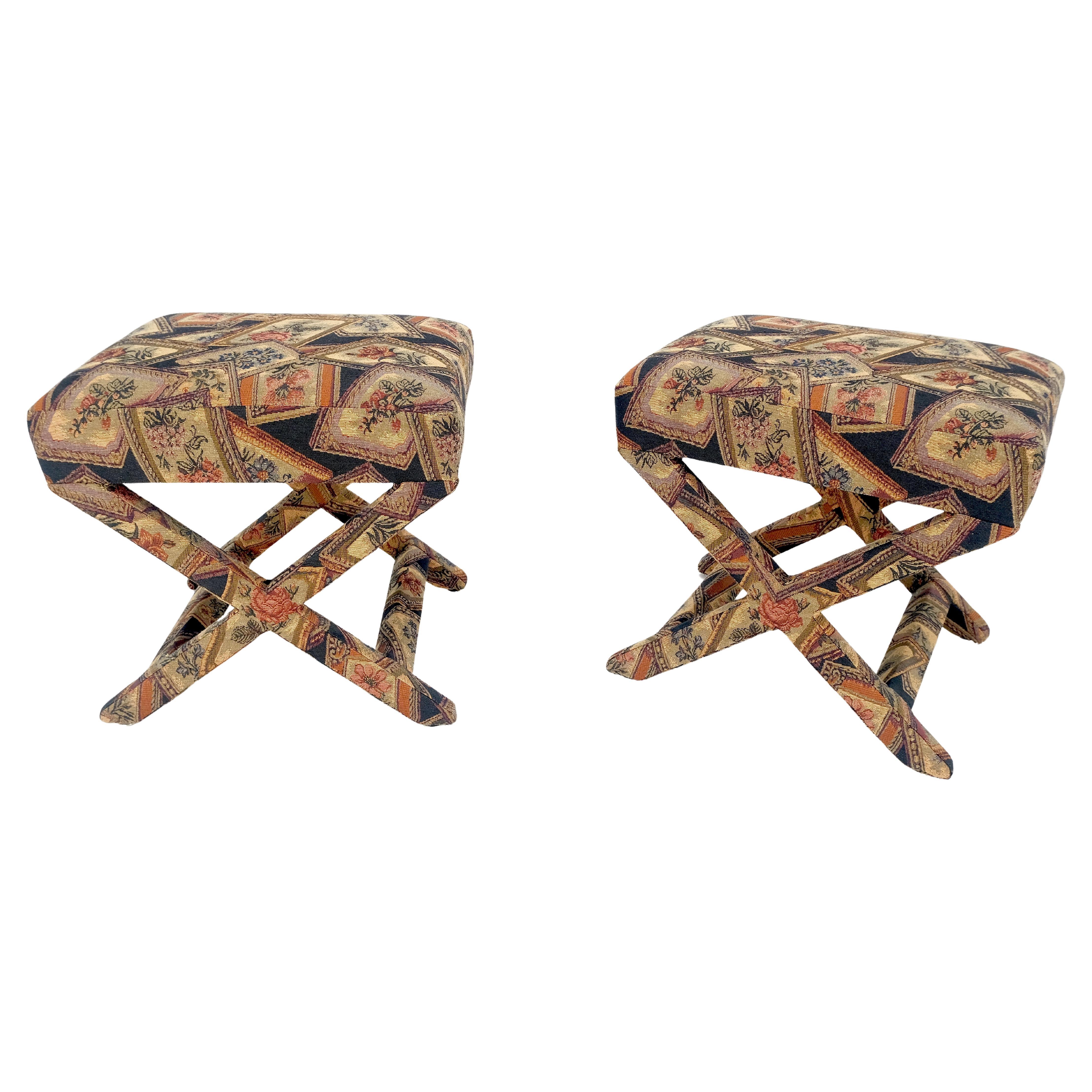 Pair of Tapestry Upholstery X Bases Benches Billy Baldwin atr. c1970s MINT!