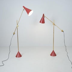 Pair of Tapio Wirkkala Adjustable Floor Lamps Model K10-11 in Red, Idman 1950s