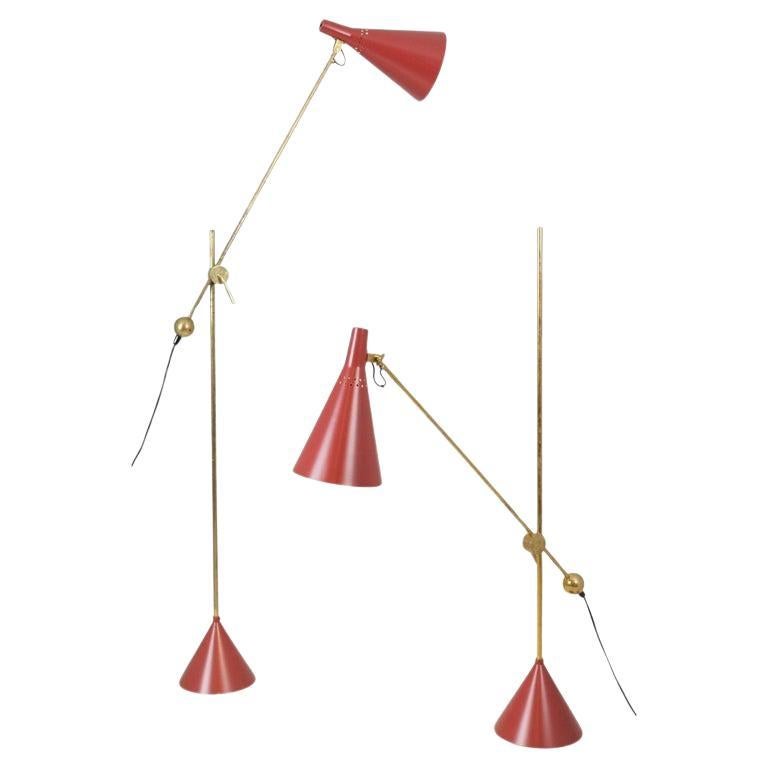 Pair of Tapio Wirkkala Adjustable Floor Lamps Model K10-11 in Red, Idman 1950s en venta