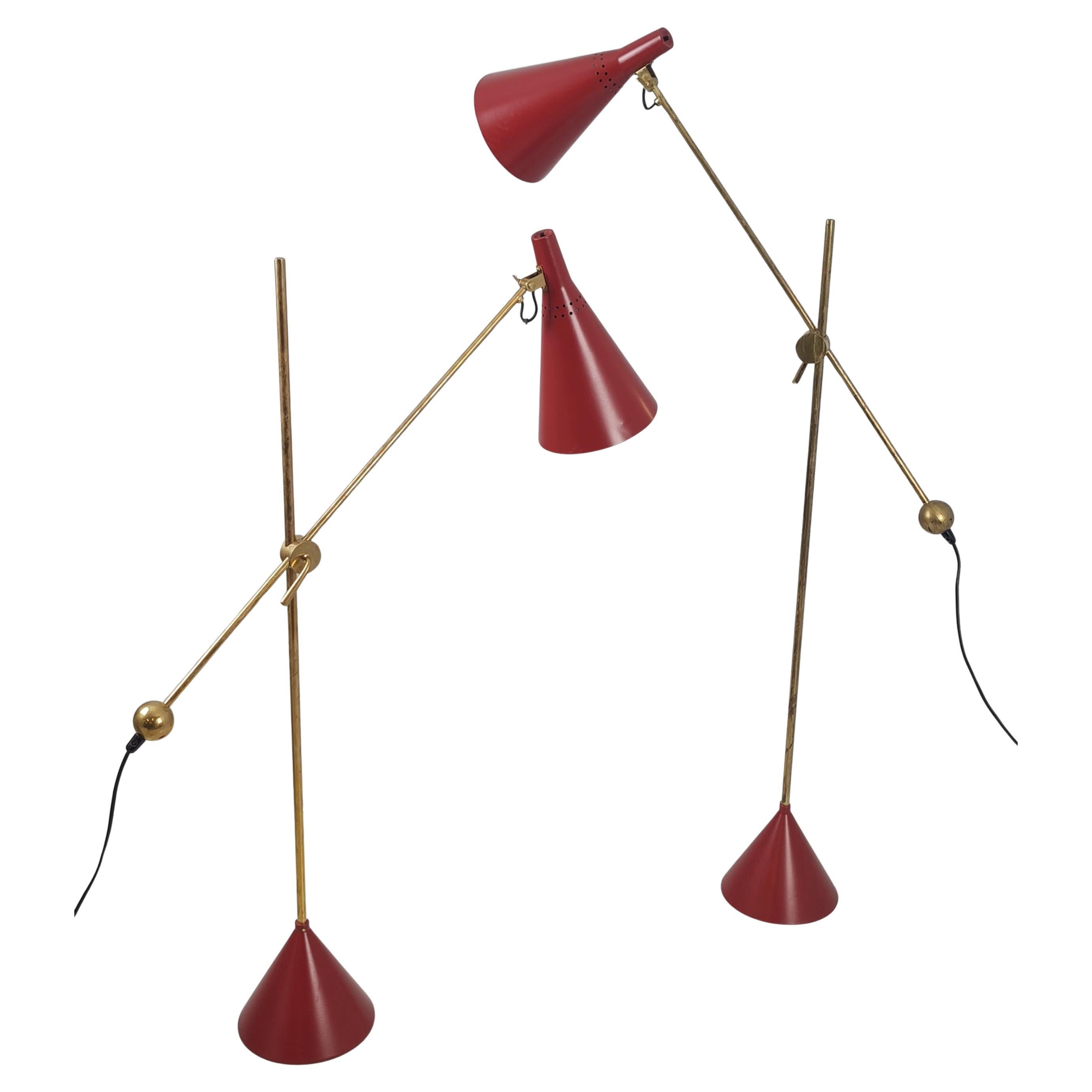 Pair of Tapio Wirkkala Adjustable Floor Lamps Model K10-11 in Red, Idman 1950s