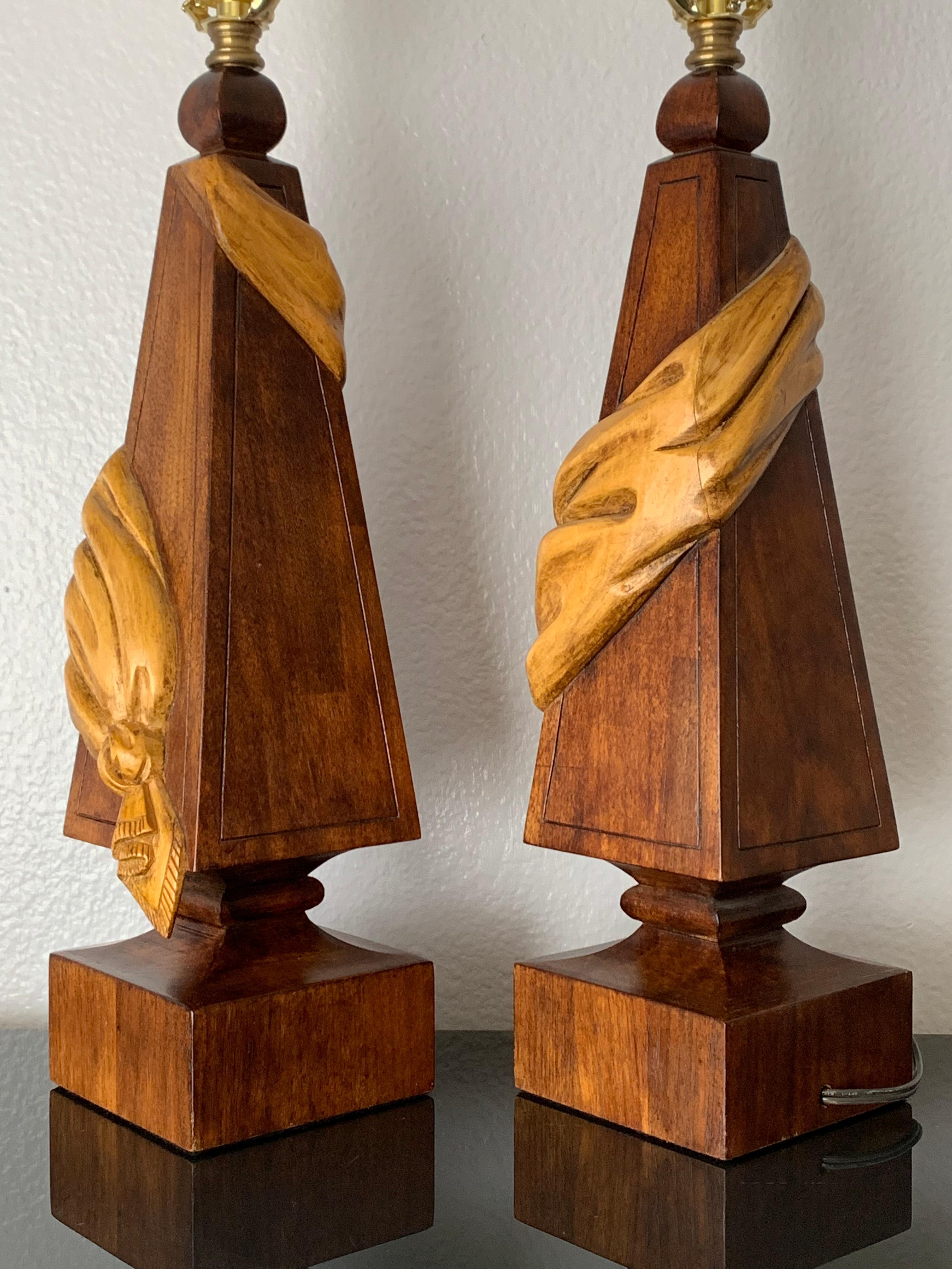 Walnut Pair of Tassel Linen Motif Lamps Style of Dorothy Thorpe