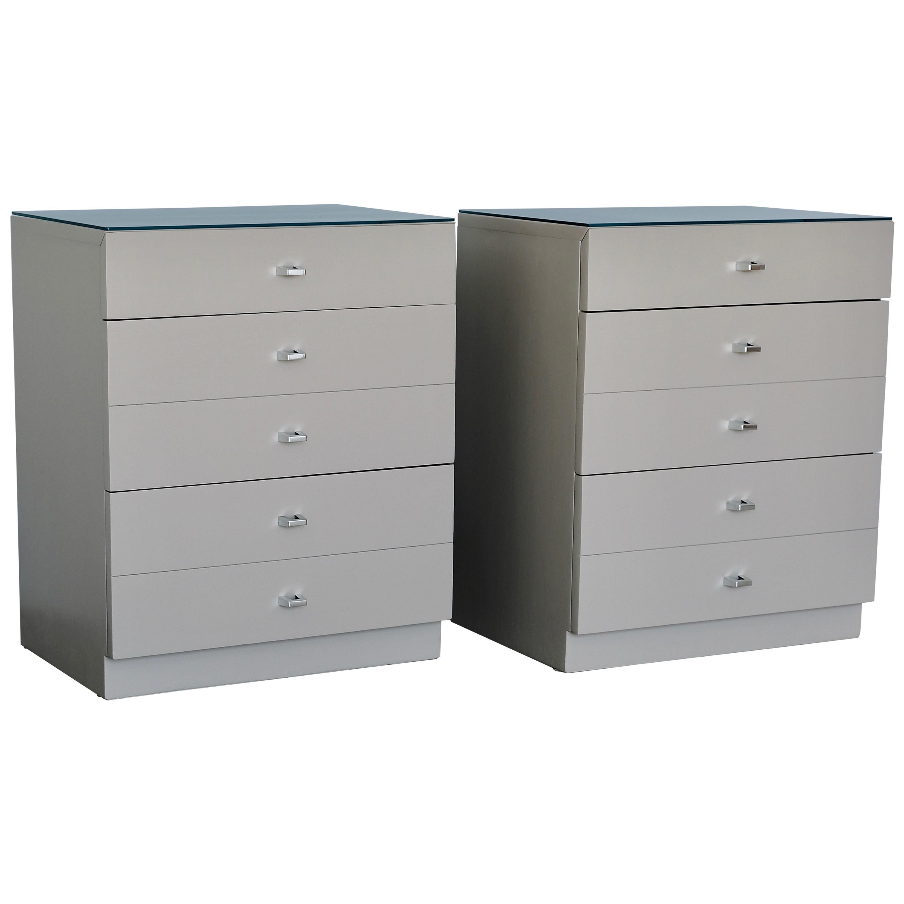 Pair of Taupe and Nickel American of Martinsville Nightstand Chests For Sale