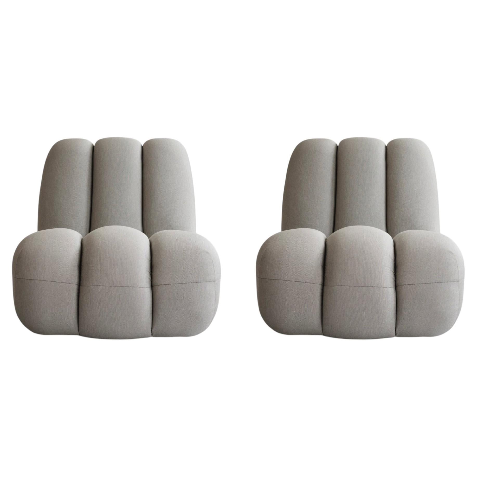Pair of Taupe Fabric Lounge Chairs, 1970s Space Age Style