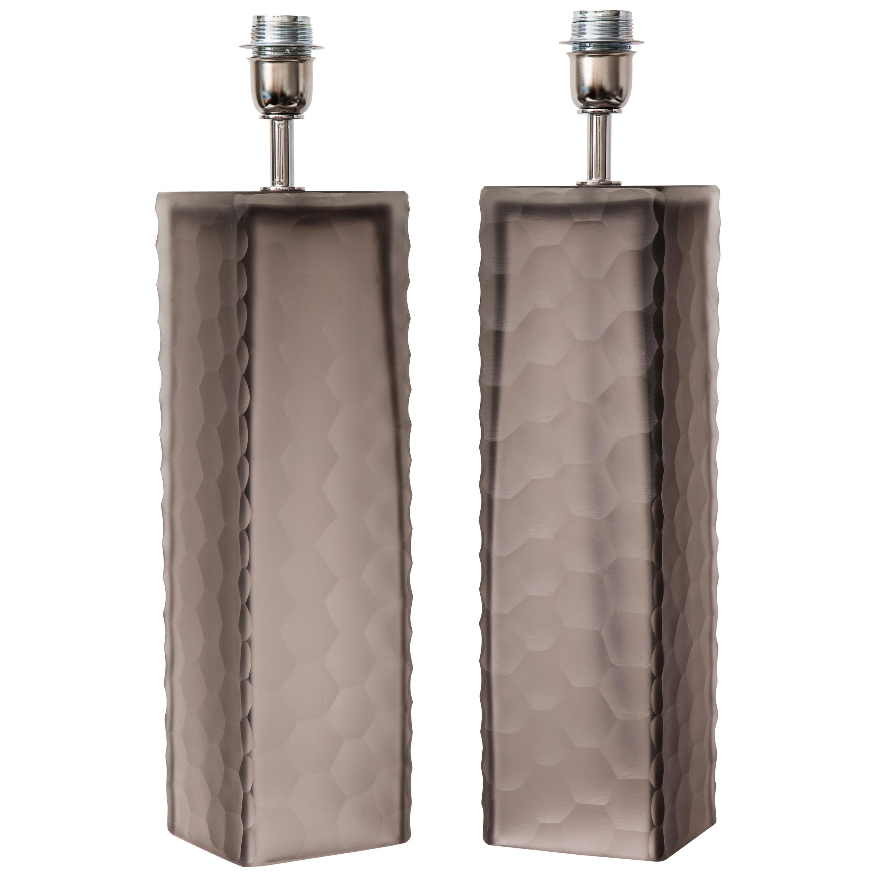 Pair of Taupe Grey Murano Glass Textured Rectangular Block Lamps, Signed, Italy