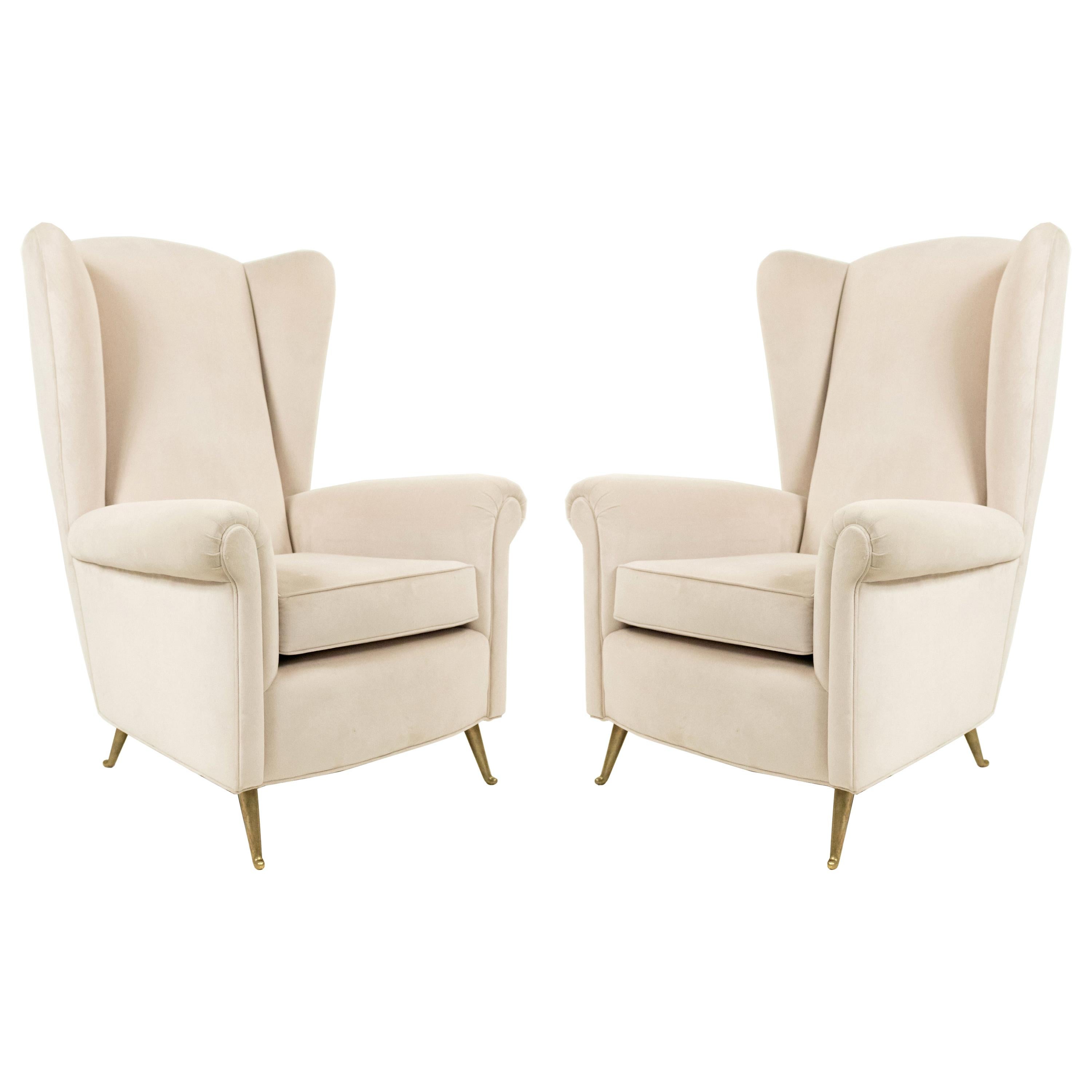 Pair of Taupe Modernist Velvet Wingback Chairs