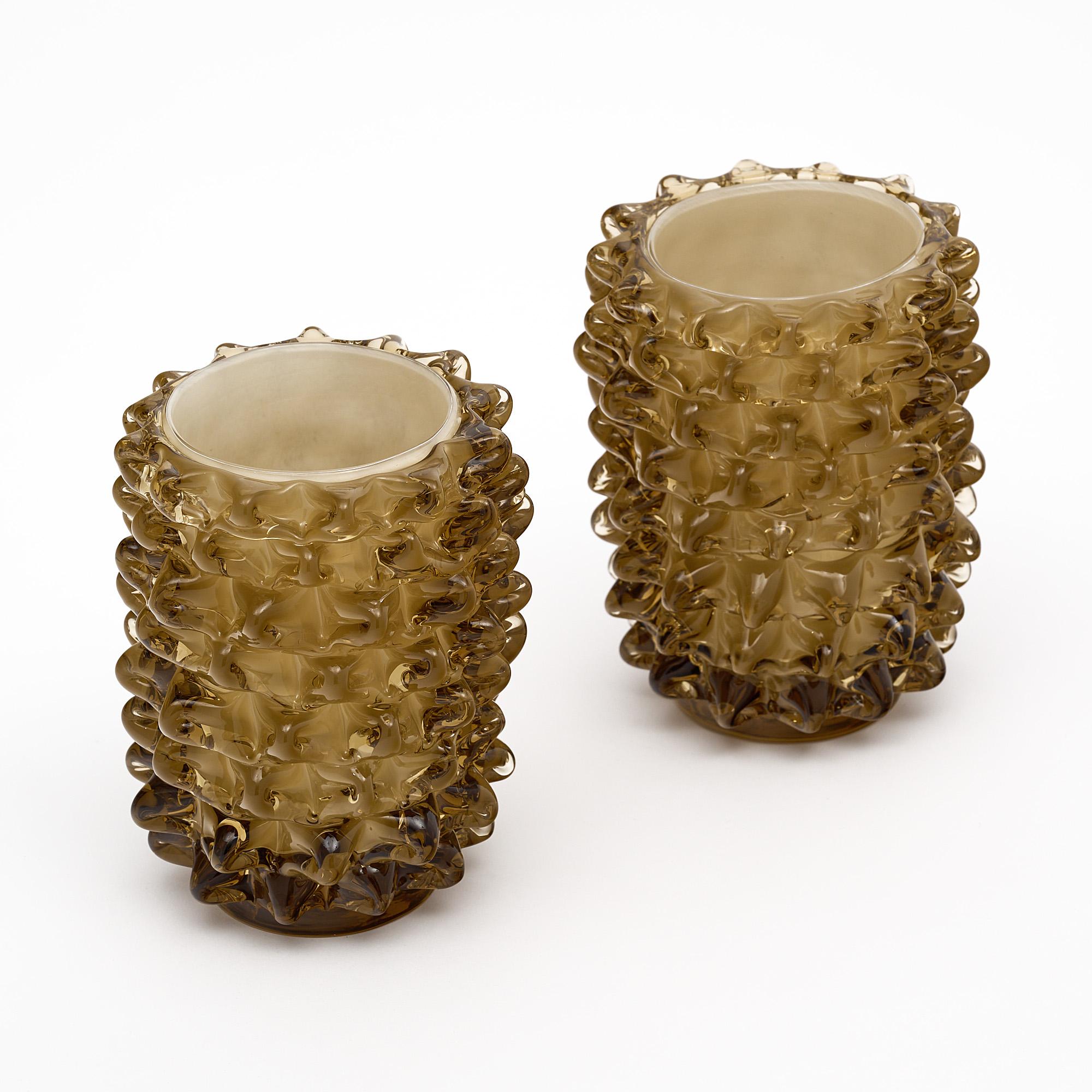 Pair of Murano glass vases, Italian, from the island of Murano. This hand-blown pair has a lovely taupe color and is made with the rostrate technique.