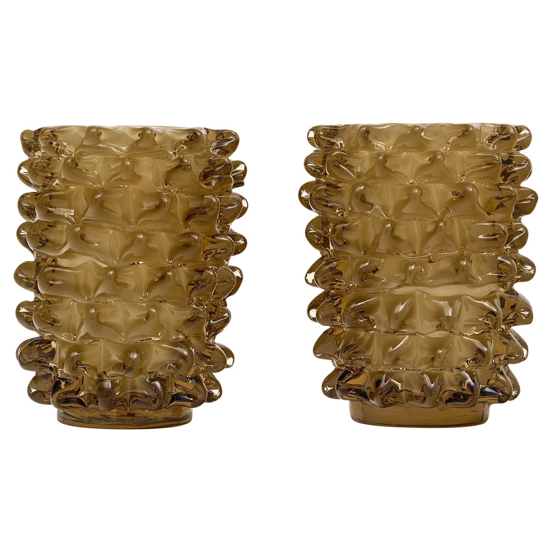 Pair of Taupe Murano Glass Vases, Hand-Blown, Rostrated Design, Italy