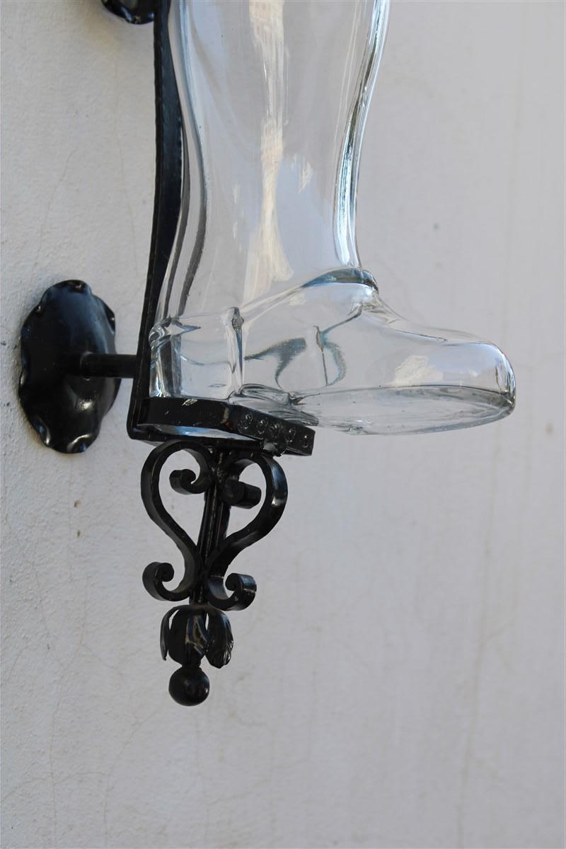 Pair of Tavern Wall Lamps in Black Metal and Glass Boot, 1950, Italy For Sale 3