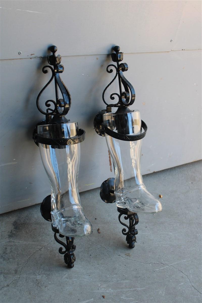 Pair of Tavern wall lamps in black metal and glass boot, 1950 Italy.