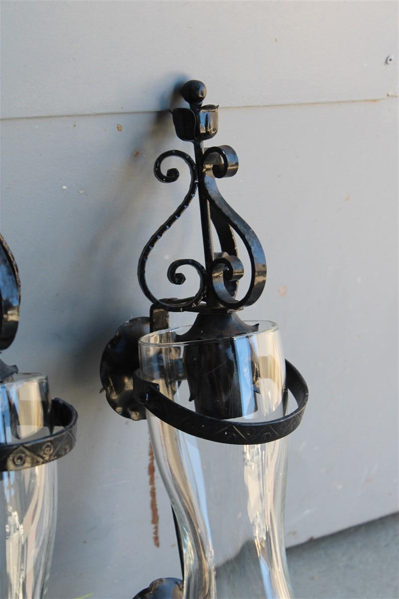 Mid-Century Modern Pair of Tavern Wall Lamps in Black Metal and Glass Boot, 1950, Italy For Sale