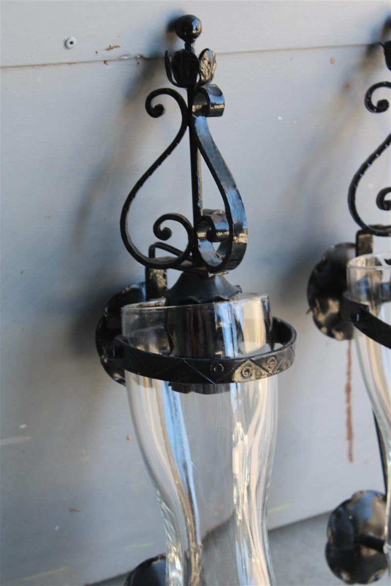 Italian Pair of Tavern Wall Lamps in Black Metal and Glass Boot, 1950, Italy For Sale