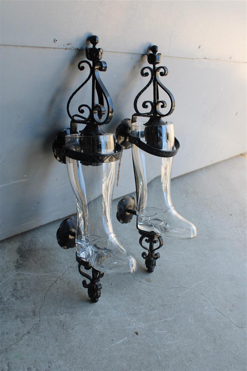 Pair of Tavern Wall Lamps in Black Metal and Glass Boot, 1950, Italy In Good Condition For Sale In Palermo, Sicily