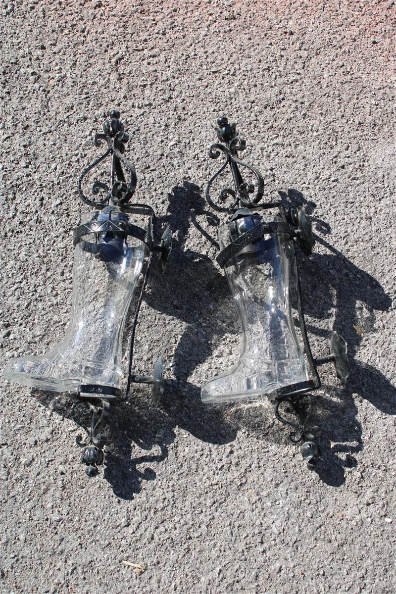 Mid-20th Century Pair of Tavern Wall Lamps in Black Metal and Glass Boot, 1950, Italy For Sale