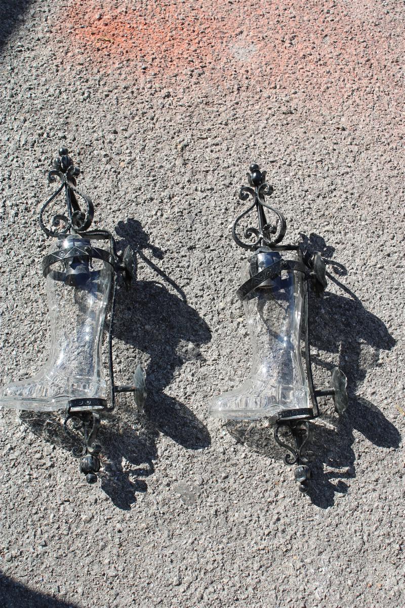 Pair of Tavern Wall Lamps in Black Metal and Glass Boot, 1950, Italy For Sale 1