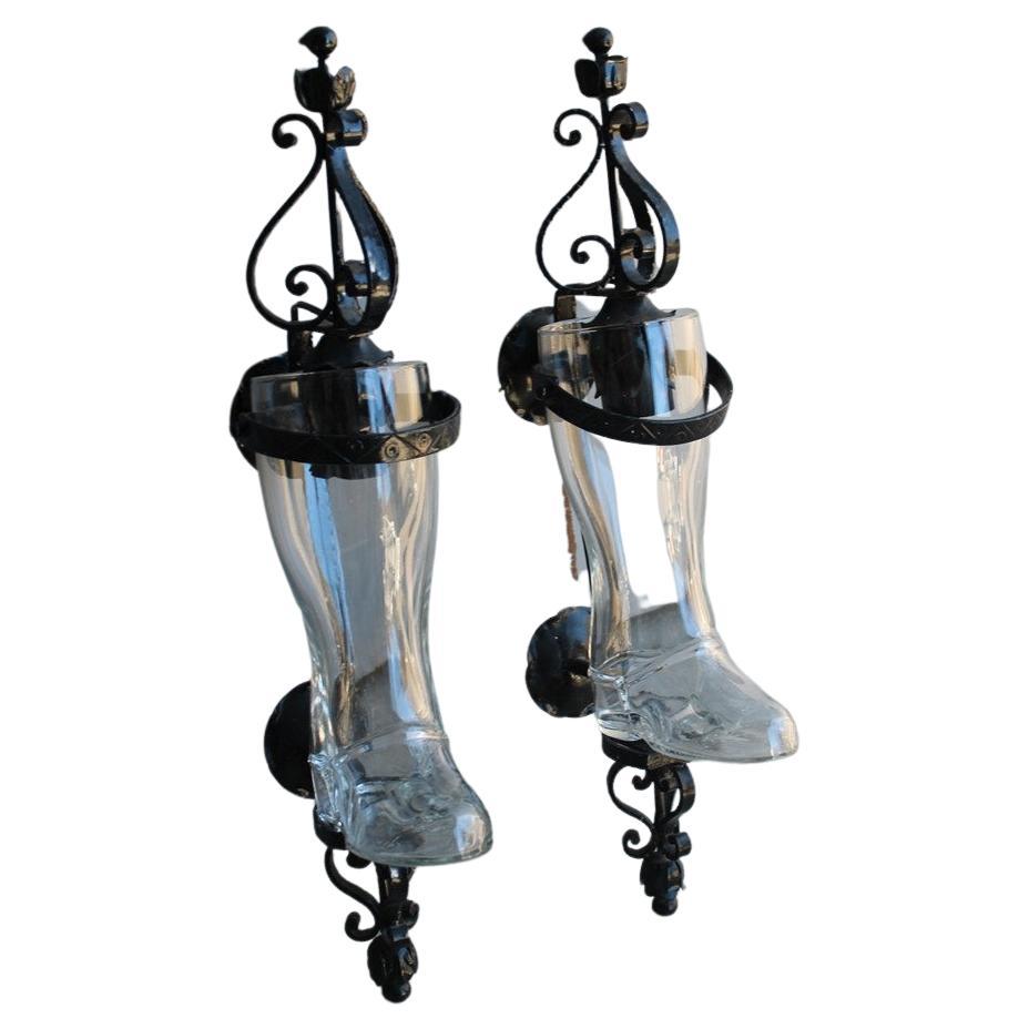 Pair of Tavern Wall Lamps in Black Metal and Glass Boot, 1950, Italy For Sale