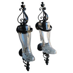 Vintage Pair of Tavern Wall Lamps in Black Metal and Glass Boot, 1950, Italy
